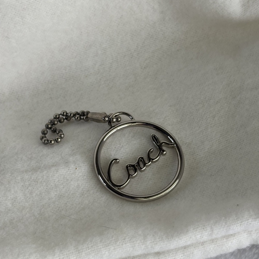 COACH 1.25" Script Logo Bag Charm Fob Silver-Tone Metal, Ball Chain